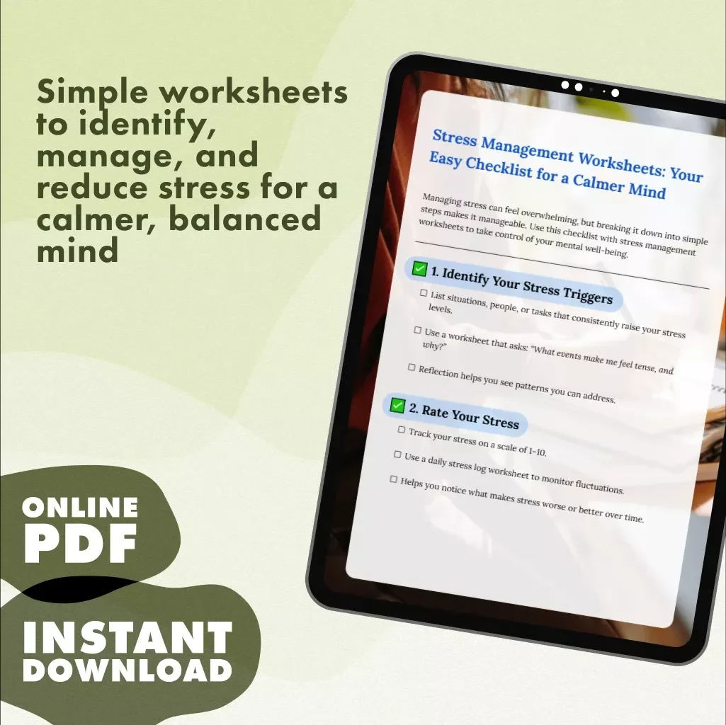 Stress Management Worksheets: Your Easy Checklist for a Calmer Mind | Printable Digital Download | Stress Relief eBook & Self-Care Guide