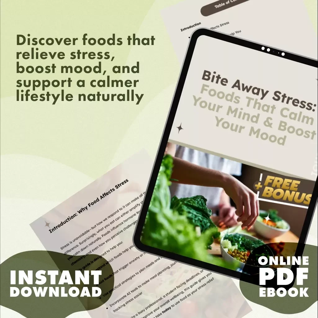 Bite Away Stress: Foods That Calm Your Mind & Boost Your Mood | Digital Guide to Food for Relieving Stress, eBook, Checklist & Recipes
