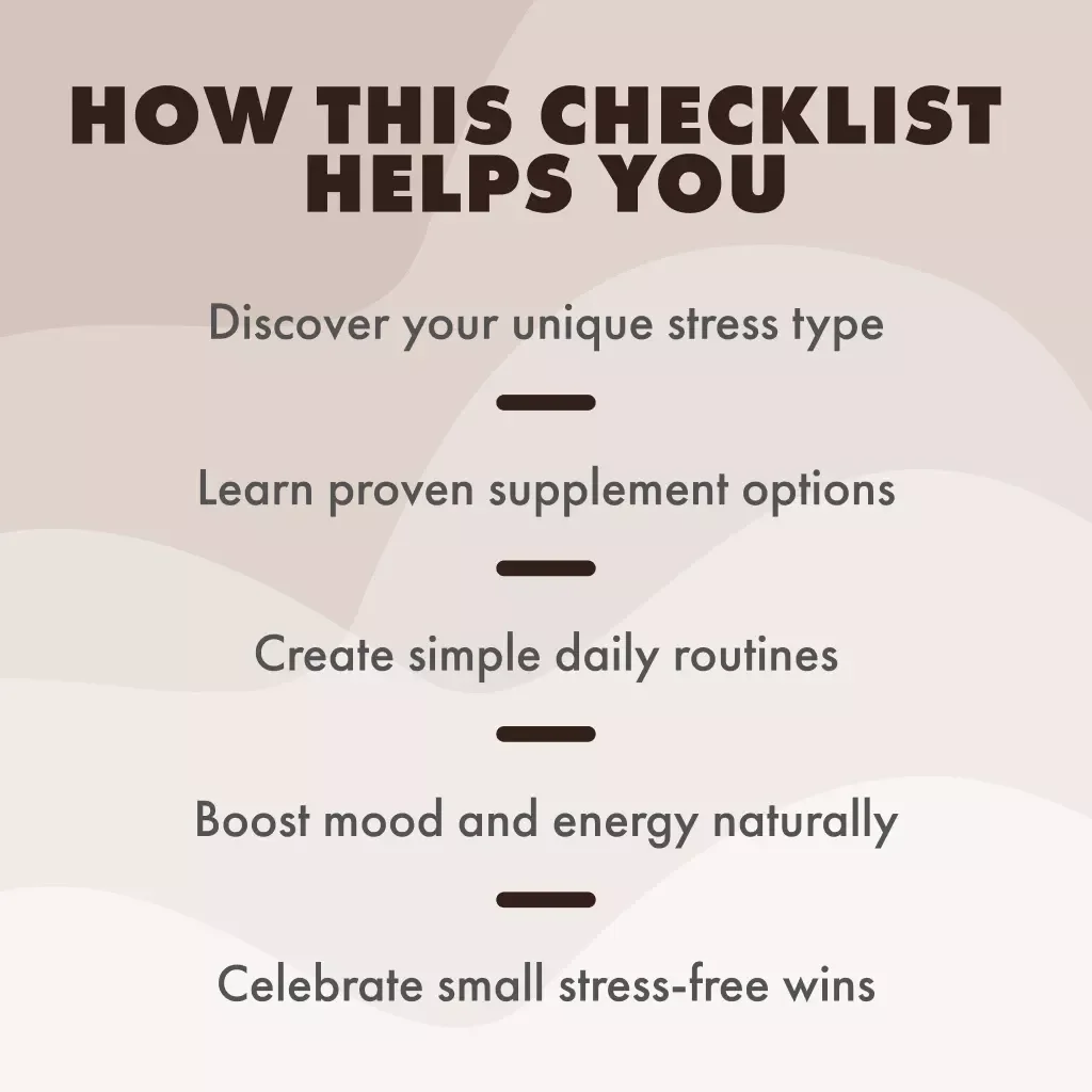 Stress Less, Smile More: Your Fun & Easy Stress Management Supplement Checklist | Printable Digital Download | eBook Guide for Relaxation & Wellness