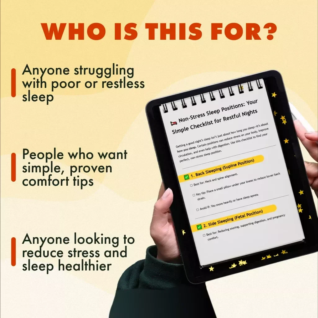 Non-Stress Sleep Positions: Your Simple Checklist for Restful Nights | Digital Download Guide | Better Sleep eBook for Relaxation, Spine Alignment & Stress-Free Rest