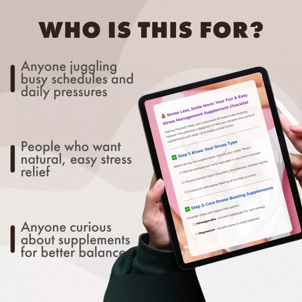 Stress Less, Smile More: Your Fun & Easy Stress Management Supplement Checklist | Printable Digital Download | eBook Guide for Relaxation & Wellness
