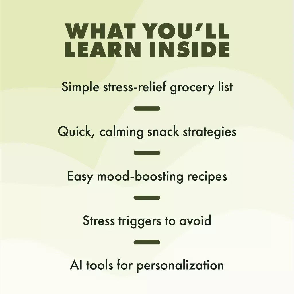 Bite Away Stress: Foods That Calm Your Mind & Boost Your Mood | Digital Guide to Food for Relieving Stress, eBook, Checklist & Recipes