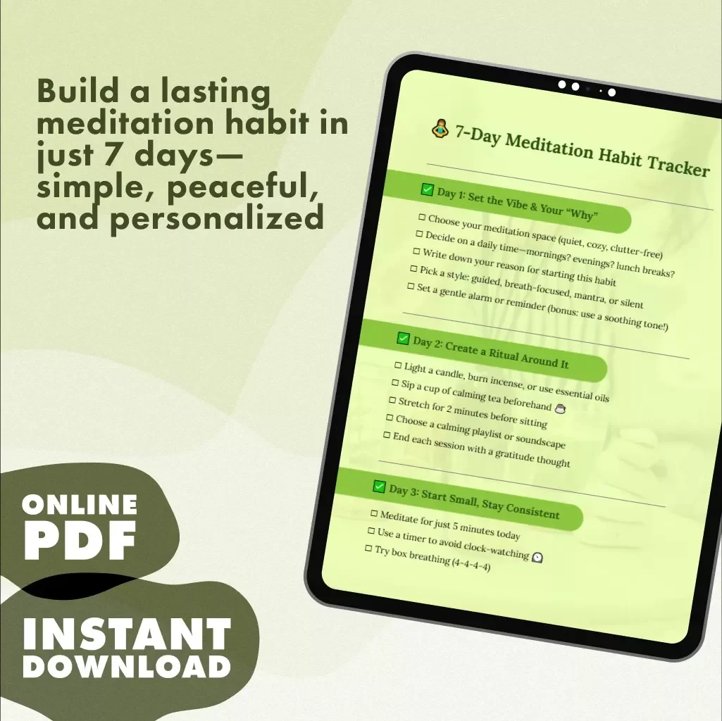7-Day Meditation Habit Tracker | Printable Checklist for Mindfulness, Self-Care & Stress Relief | Digital Download eBook Guide