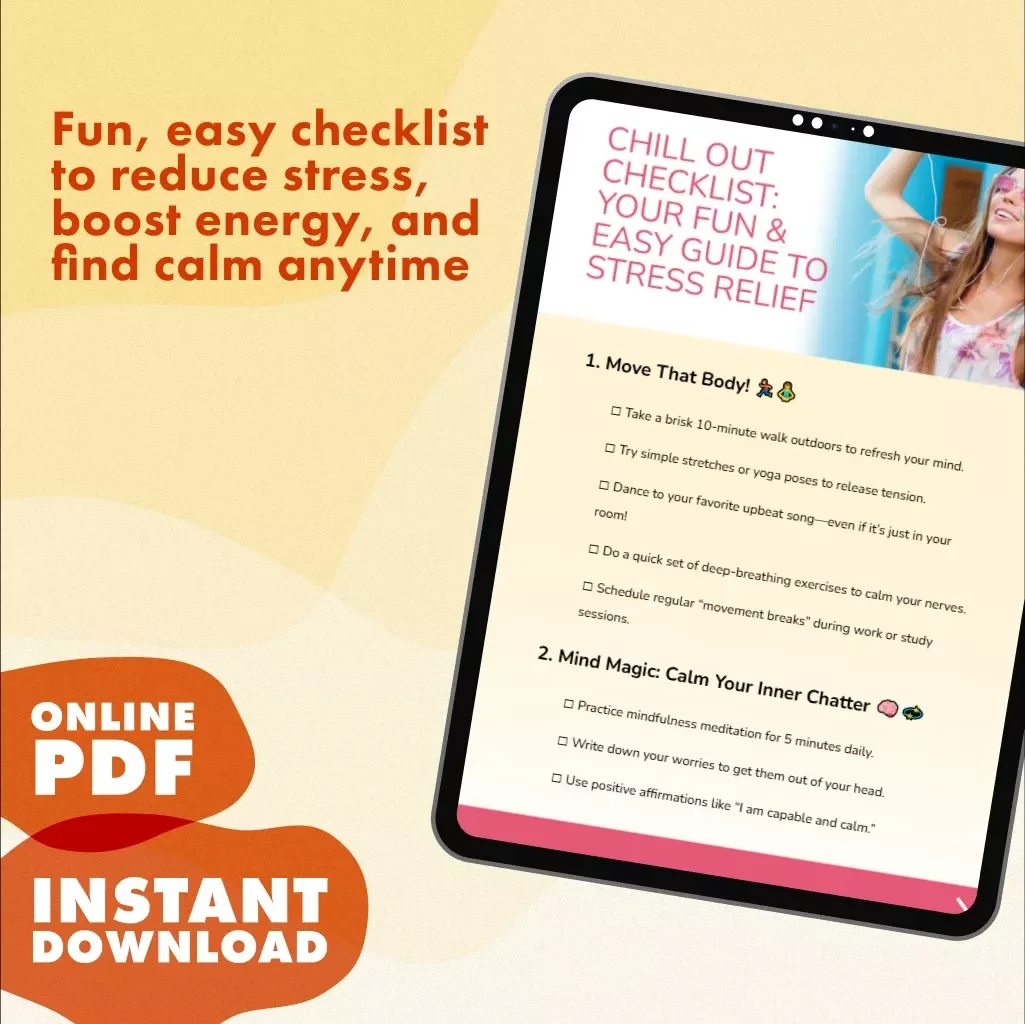 Chill Out Checklist: Your Fun & Easy Guide to Stress Relief | Printable Digital Download | Effective Stress Relief Solutions | Self-Care & Wellness eBook