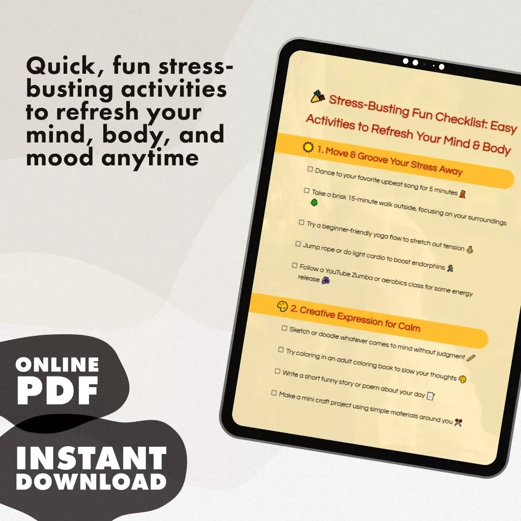 Stress-Busting Fun Checklist: Easy Activities to Refresh Your Mind & Body | Digital Download for Adults | Printable Guide to Fun Stress Relief Activities for Adults