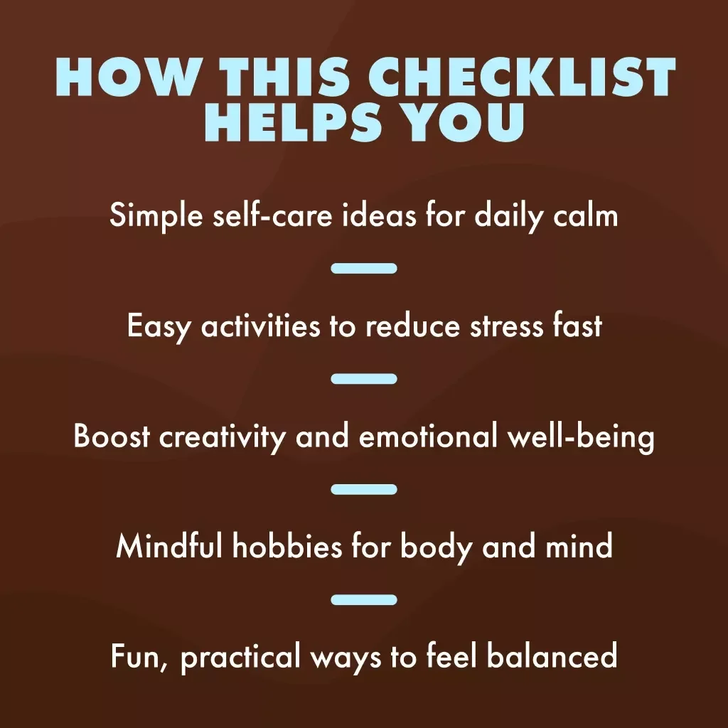 Stress-Relieving Hobbies Checklist | Relaxation & Self-Care Digital Download | Printable Guide for Stress Relief, Mindfulness, and Relaxing Activities