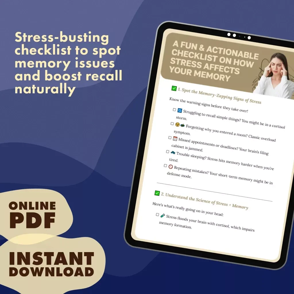 A Fun & Actionable Checklist on How Stress Affects Your Memory | Printable Digital Download | Brain Health, Mindfulness & Productivity Guide