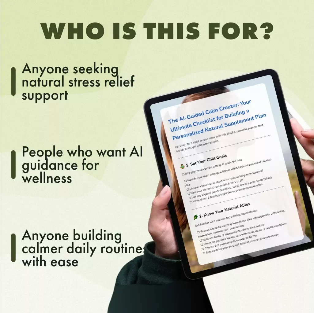 The AI-Guided Calm Creator: Your Ultimate Checklist for Building a Personalized Natural Supplement Plan | Digital Download eBook, AI-Guided Natural Calm Supplements Planner, Stress Relief & Mindful Living Guide