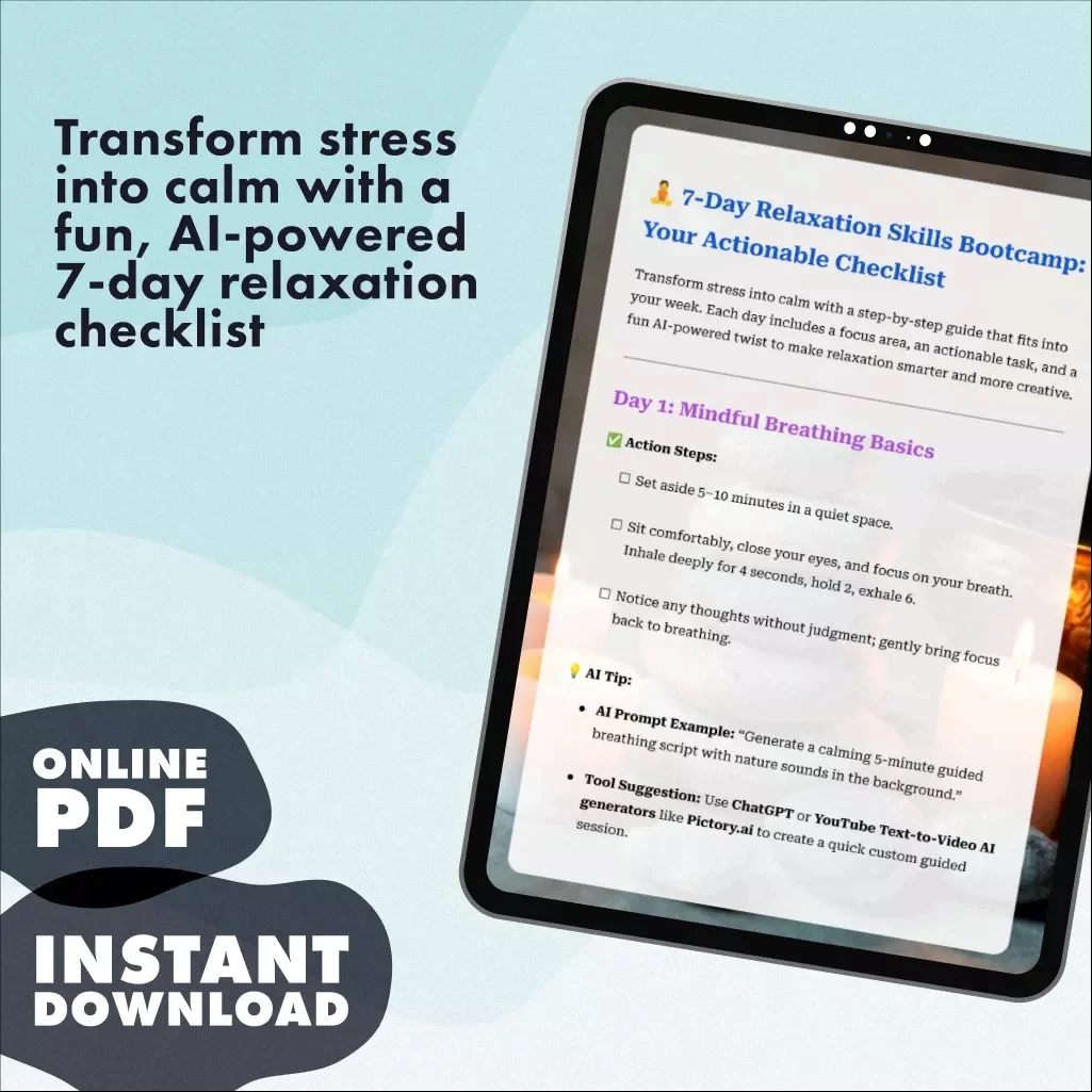 7-Day Relaxation Skills Bootcamp: Your Actionable Checklist | Digital Download eBook, Stress Relief Guide, AI-Powered Relaxation Journal