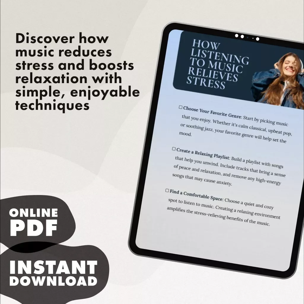 How Listening to Music Relieves Stress Checklist | Digital Download for Relaxation, Mindfulness & Anxiety Relief | Stress Management Self-Care Guide