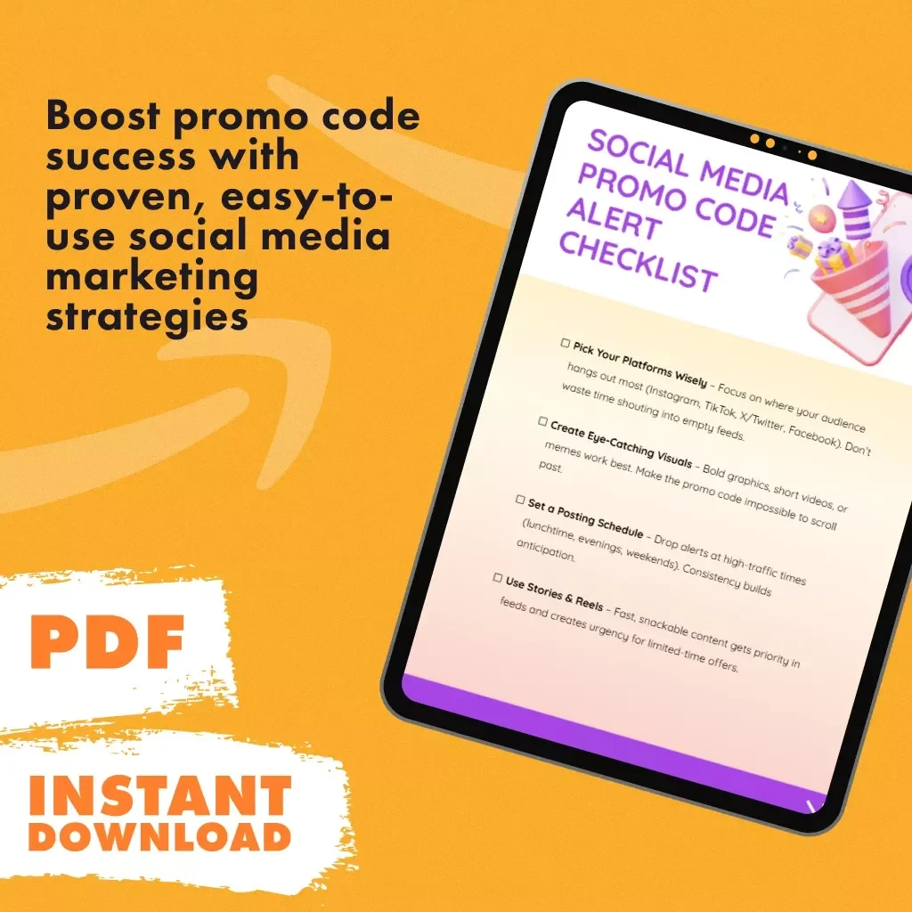 Social Media Promo Code Alert Checklist | Digital Download Guide for How to Use Social Media for Promo Code Alerts (Instagram, TikTok, Twitter/X, Facebook Marketing)