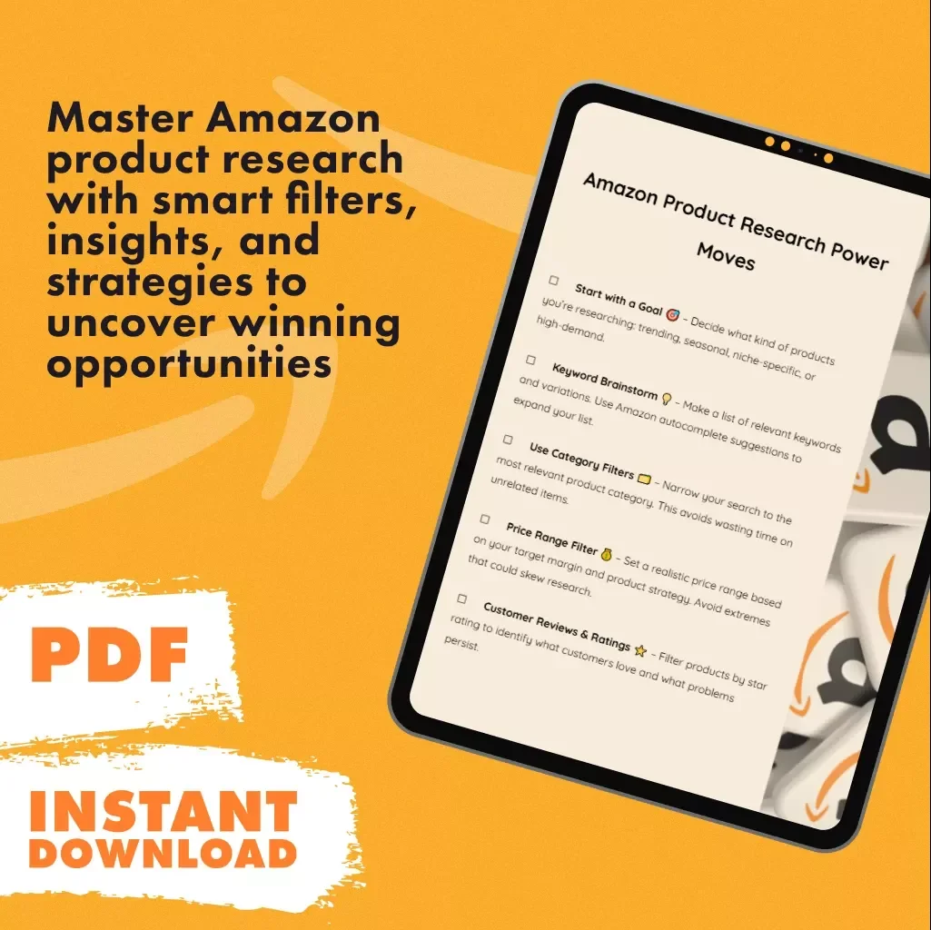 Amazon Product Research Power Moves | Printable Digital Checklist for Amazon Sellers | How to Research Products Using Amazon Filters and Search Tools | eBook Style Download