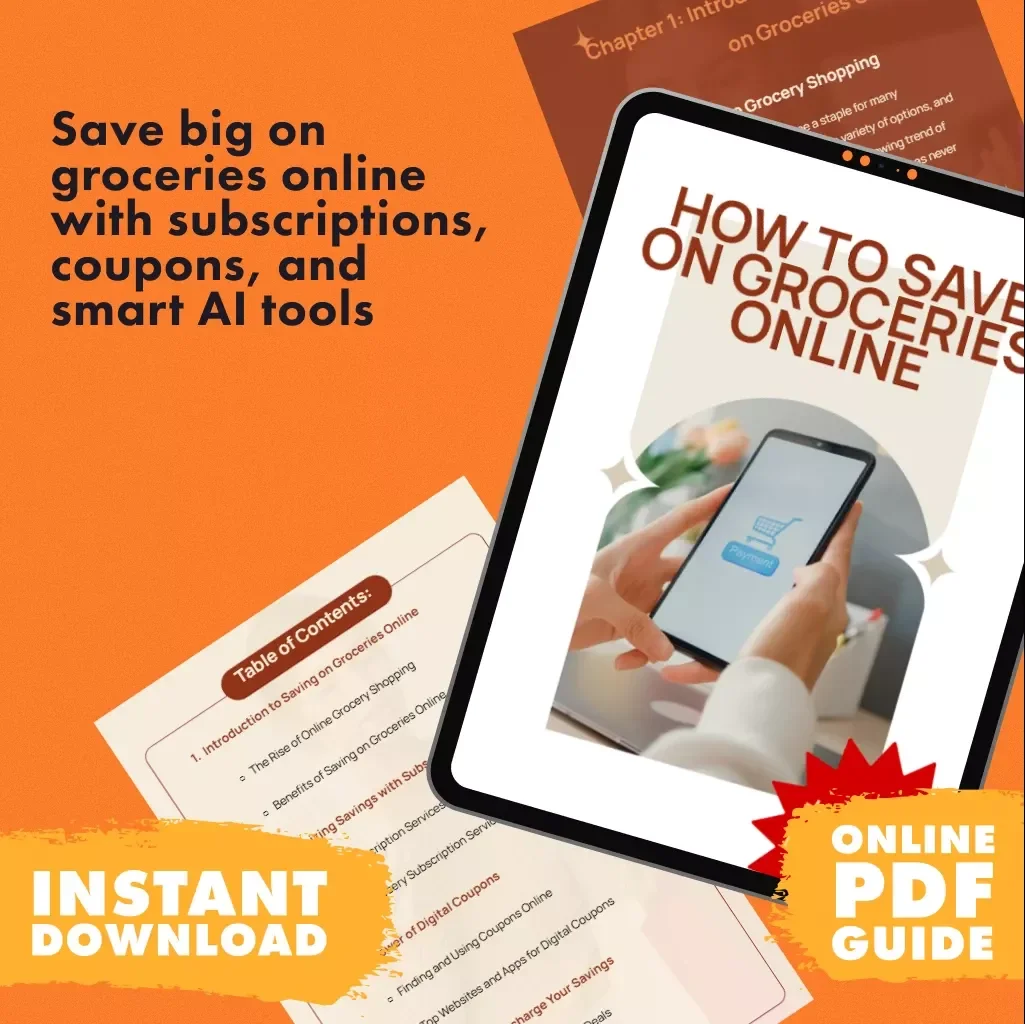 How to Save on Groceries Online Guide | Digital Download for Smart Grocery Shoppers | Subscriptions and Digital Coupons for Everyday Savings