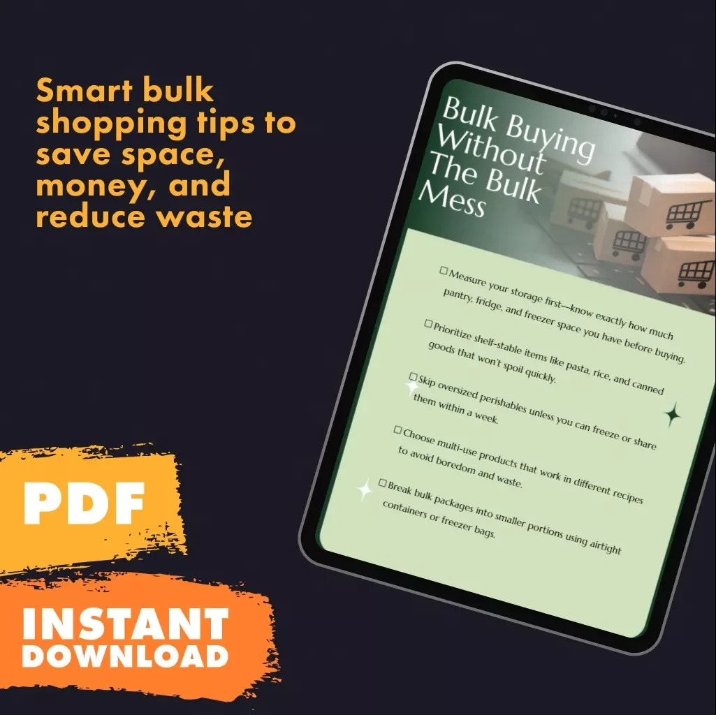 Bulk Buying Without the Bulk Mess | Printable Checklist | Digital Download | How to Buy in Bulk Without Wasting Shelf Space