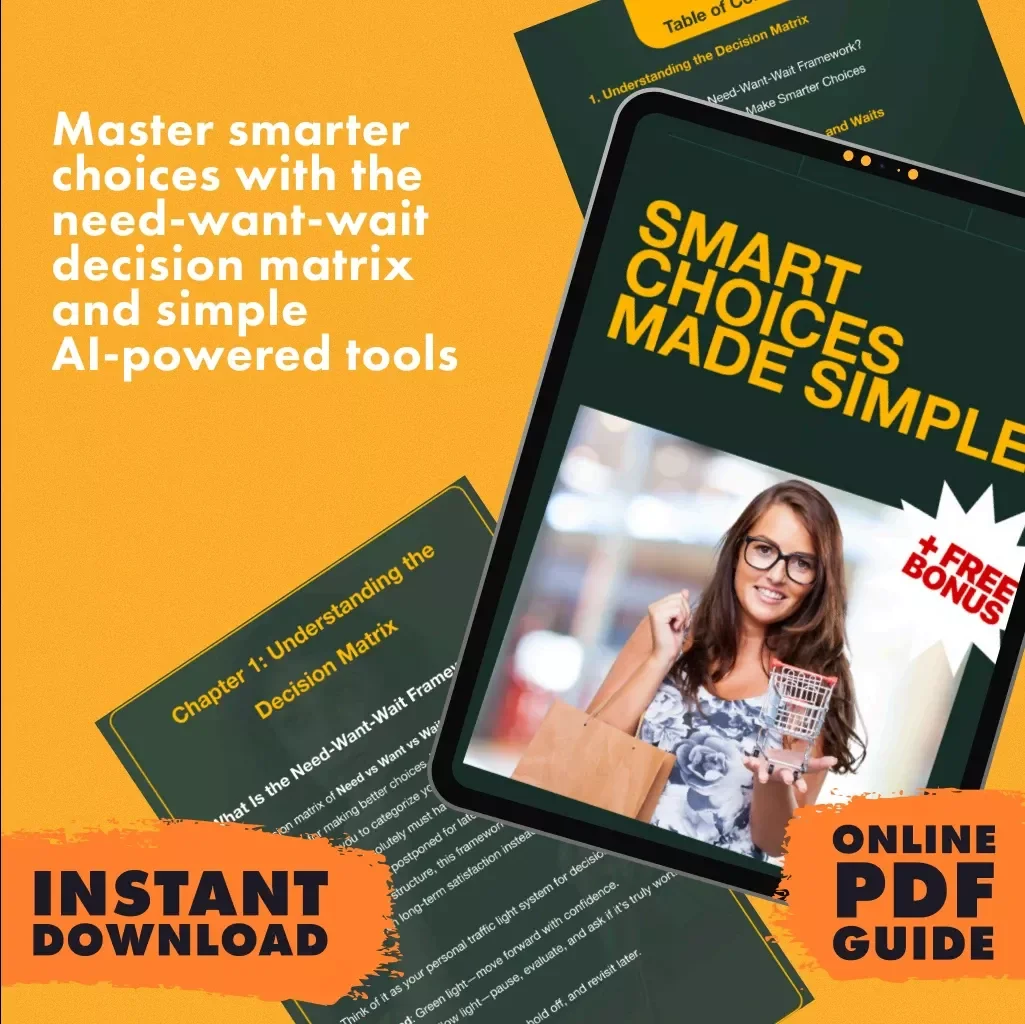 Smart Choices Made Simple | Decision Matrix Guide | Need vs Want vs Wait | Digital Download eBook & Checklist for Smarter Everyday Decisions