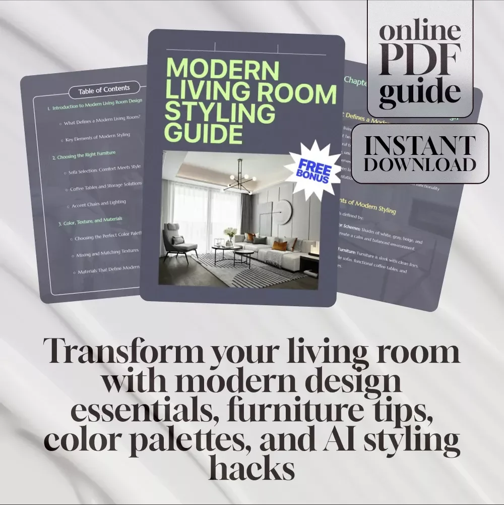 Modern Living Room Styling Guide | Digital Download Home Decor eBook | Interior Design Ideas, Furniture, Color Palettes, Textures & AI Tools for Decorating