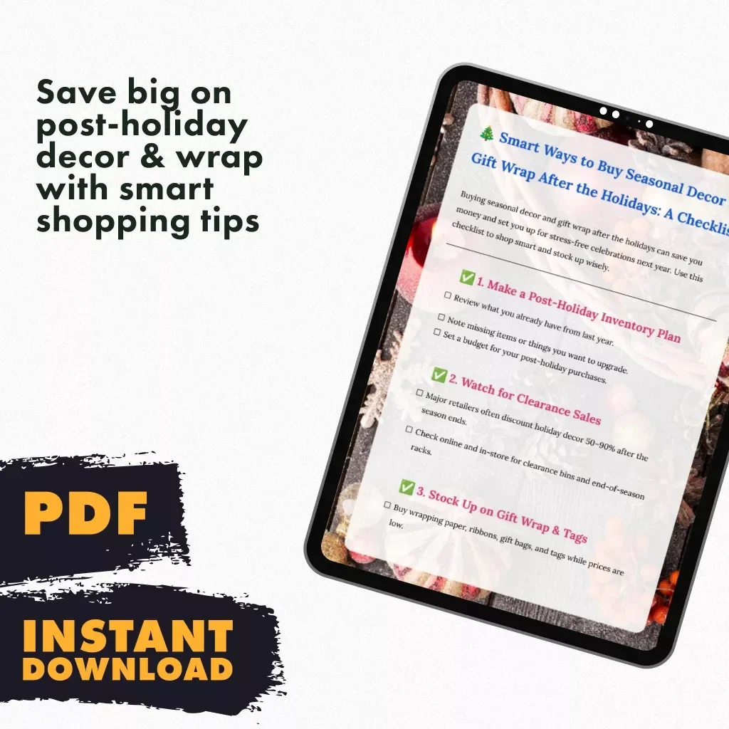 Smart Ways to Buy Seasonal Decor & Gift Wrap After the Holidays: A Checklist | Digital Download Money-Saving Guide, eBook, Holiday Shopping Tips