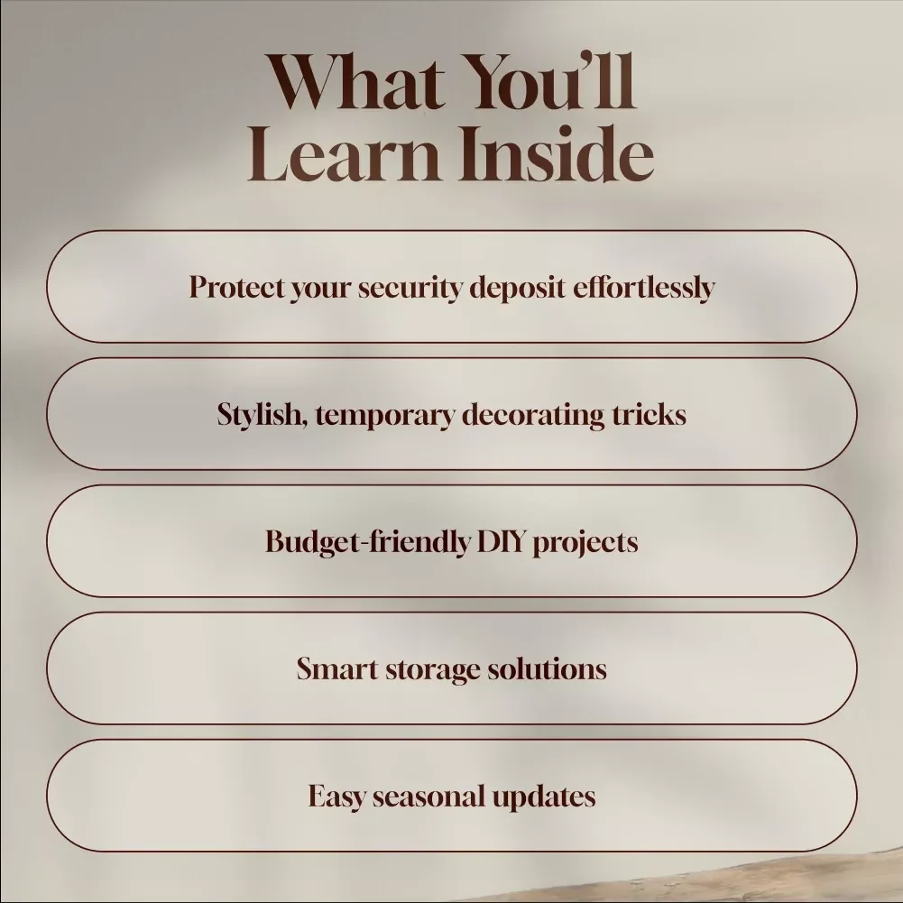 Decorating Rental Spaces Without Damage | Digital Guide for Renters | Damage-Free Decorating, DIY Ideas & Temporary Solutions