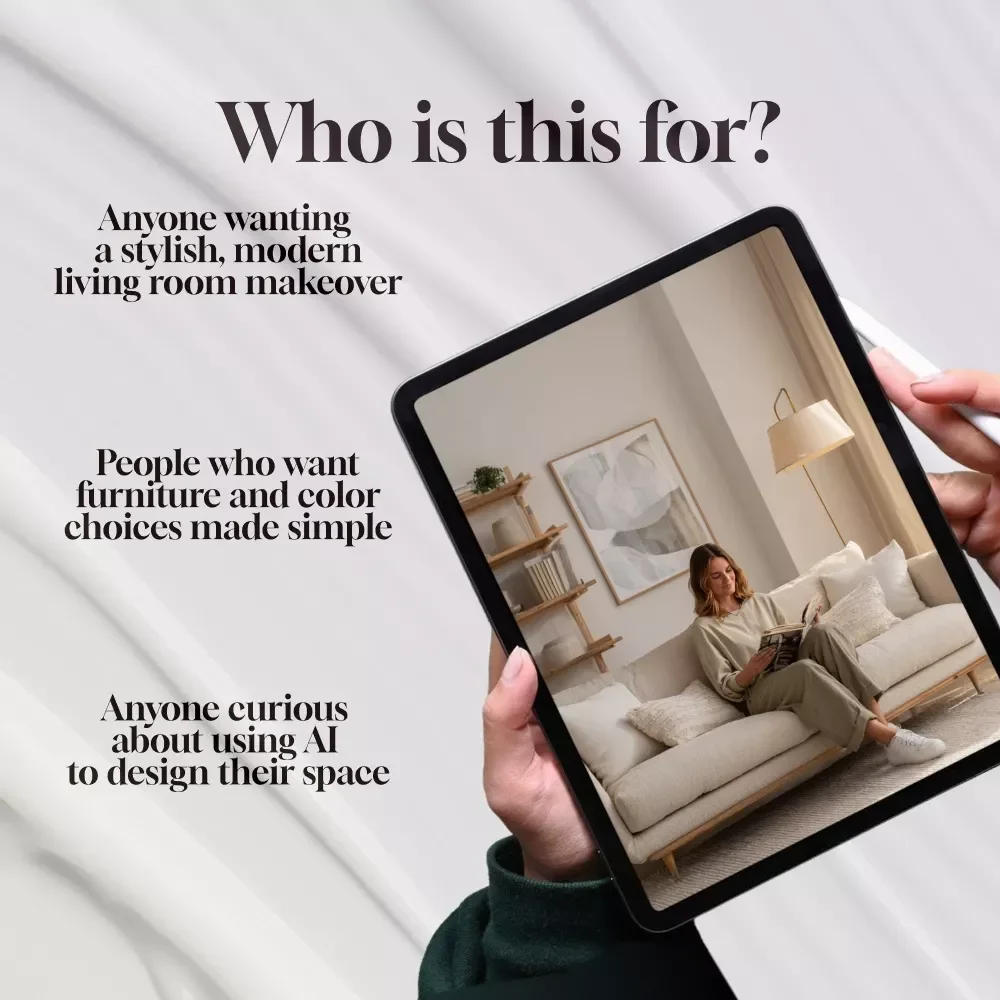 Modern Living Room Styling Guide | Digital Download Home Decor eBook | Interior Design Ideas, Furniture, Color Palettes, Textures & AI Tools for Decorating