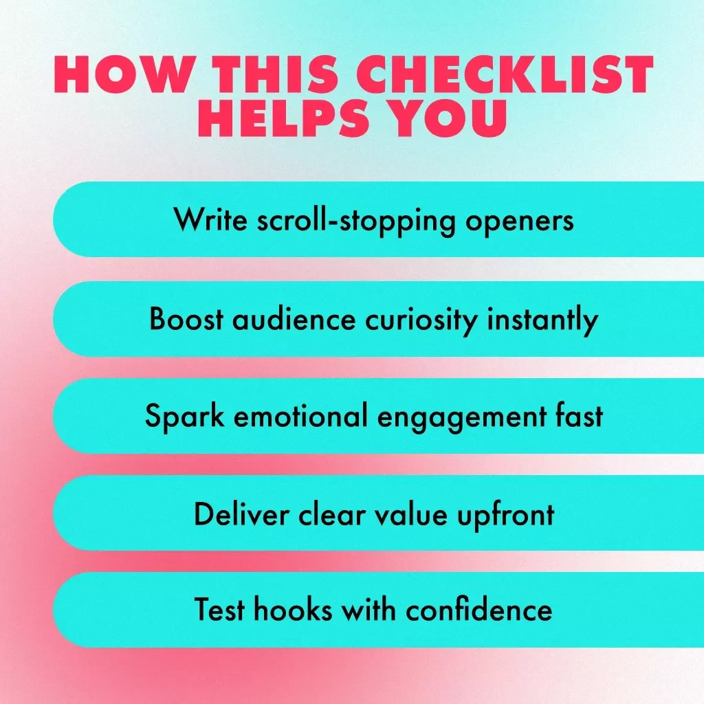 Checklist: Simple Hooks That Make People Stay — Your Quick-Action Guide to Captivating Attention | Digital Download eBook, Marketing Hook Ideas, Audience Engagement PDF