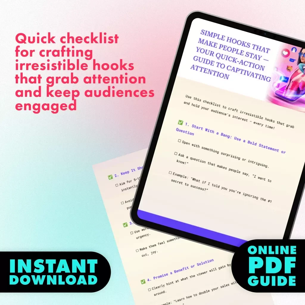 Checklist: Simple Hooks That Make People Stay — Your Quick-Action Guide to Captivating Attention | Digital Download eBook, Marketing Hook Ideas, Audience Engagement PDF