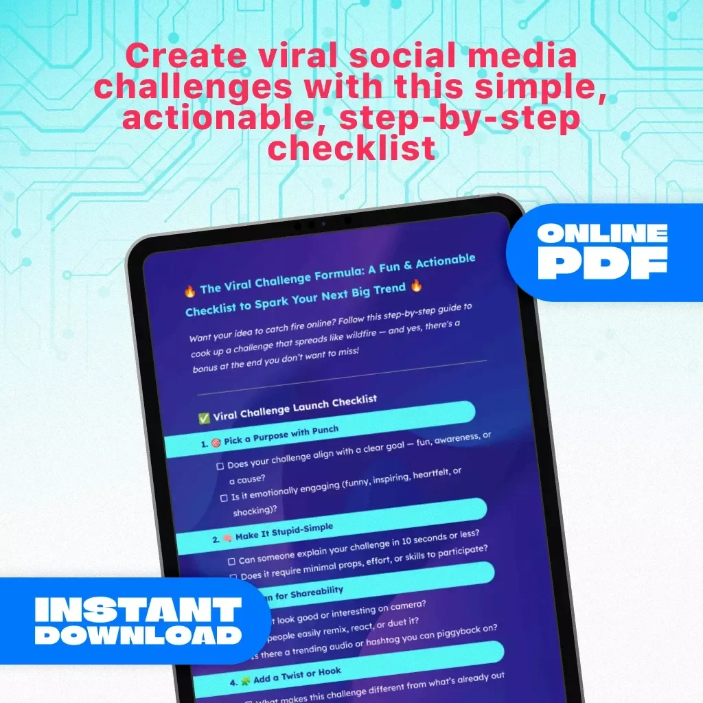 The Viral Challenge Formula: A Fun & Actionable Checklist to Spark Your Next Big Trend | Digital Download Guide for Creators, Social Media, TikTok, Instagram | The formula for viral challenges