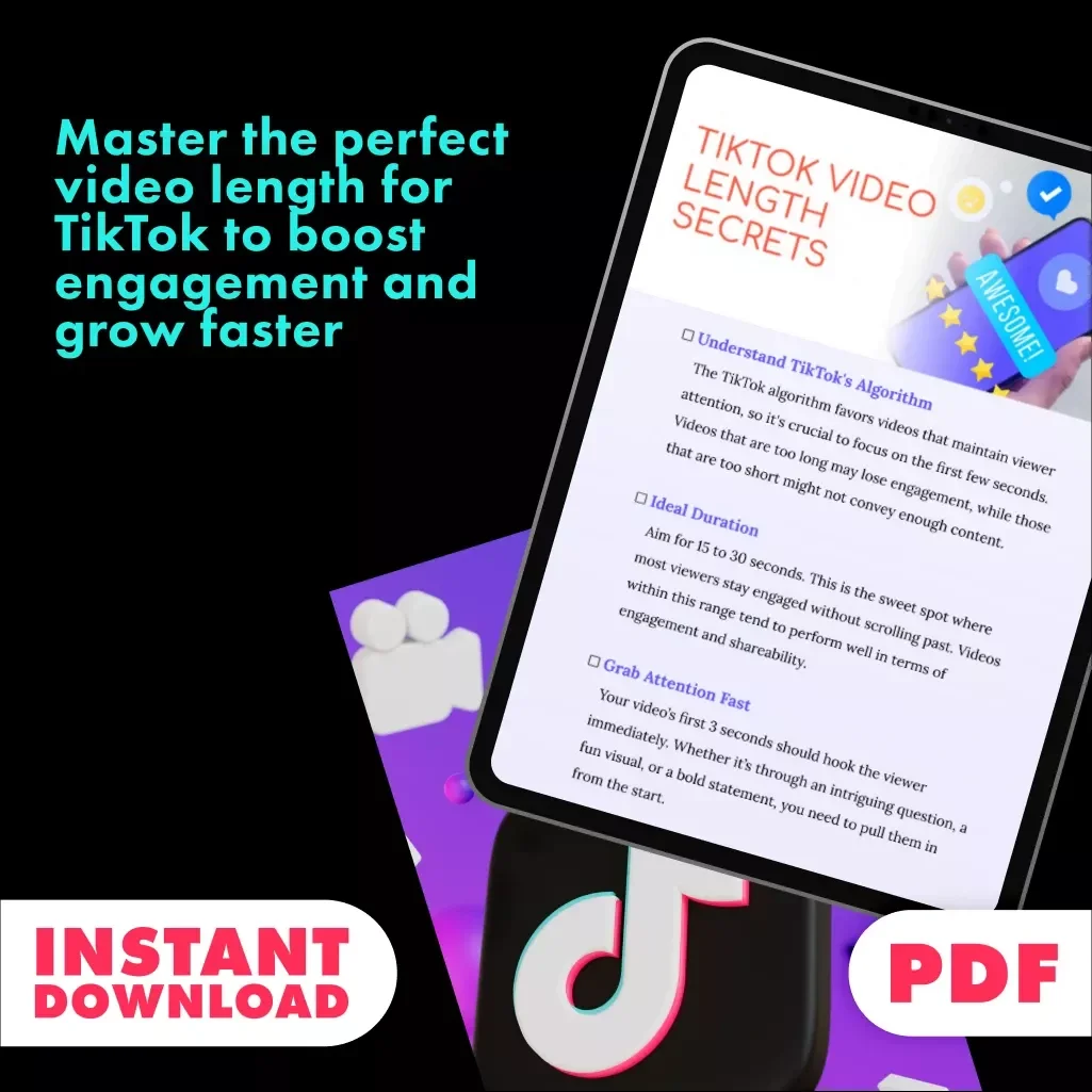 TikTok Video Length Secrets Checklist | Perfect Video Length for TikTok | Digital Download eBook Guide