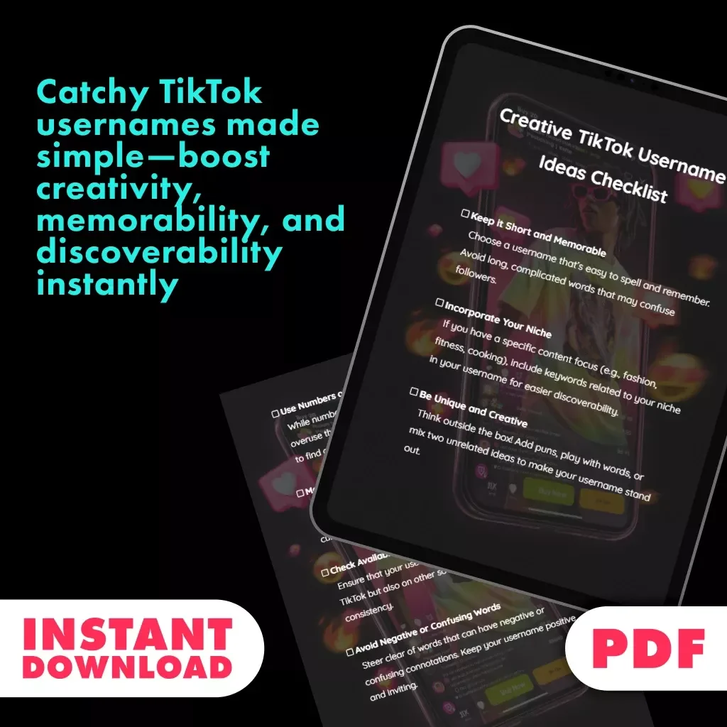 Creative TikTok Username Ideas Checklist | Digital Download Guide for Unique & Catchy TikTok Names, Personal Brand Growth, and Social Media Consistency
