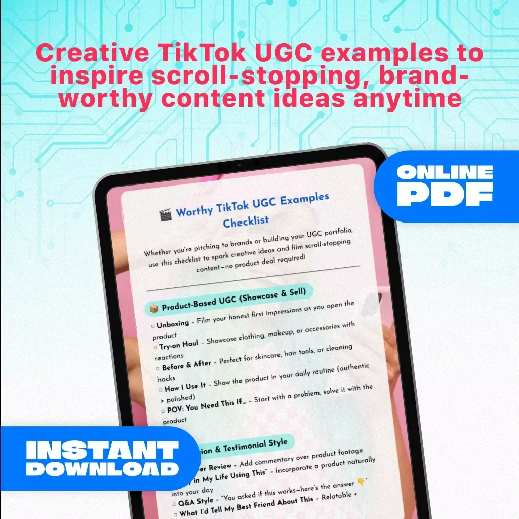 Worthy TikTok UGC Examples Checklist | Digital Download Guide for Creators, Content Ideas for UGC Portfolio, TikTok Content Inspiration, eBook + Checklist