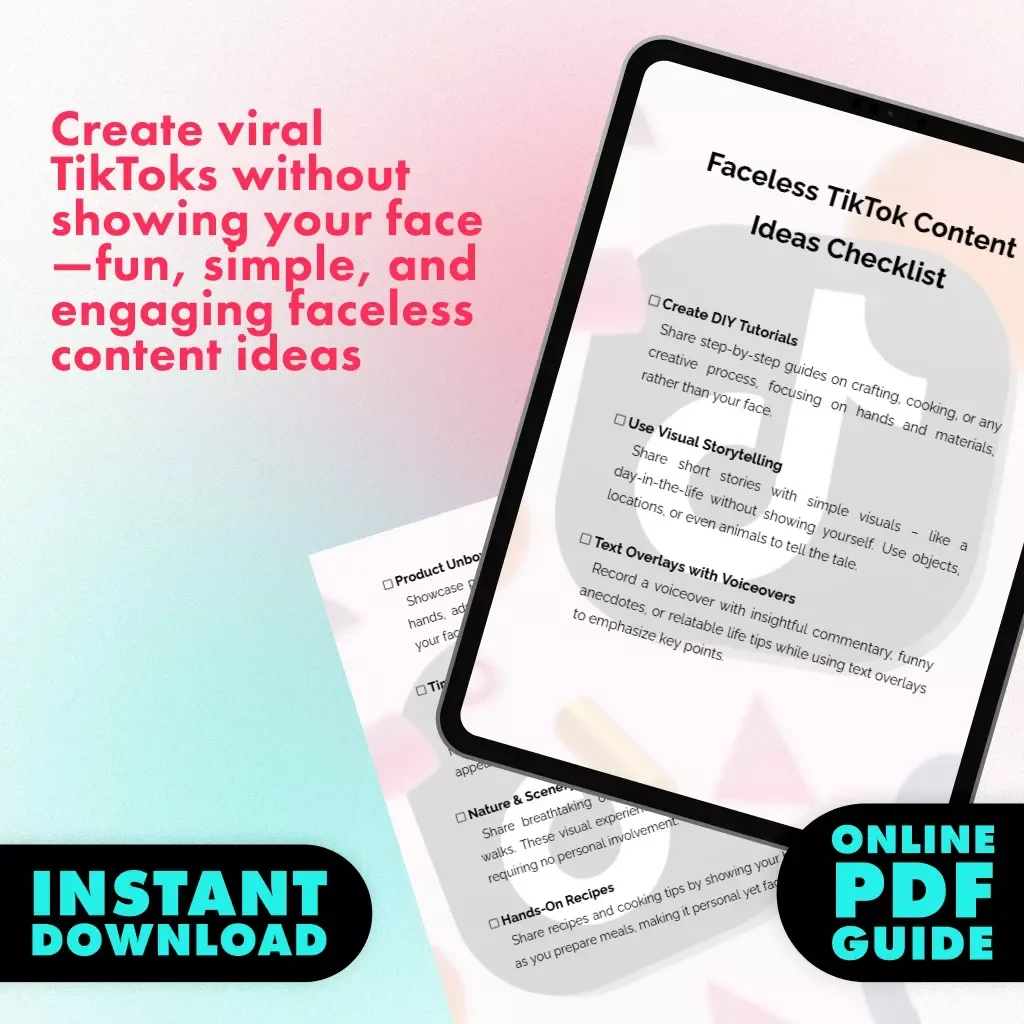 Faceless TikTok Content Ideas Checklist | Digital Download for Viral Faceless TikTok Videos, eBook Style Guide, Viral Content Creator Resource