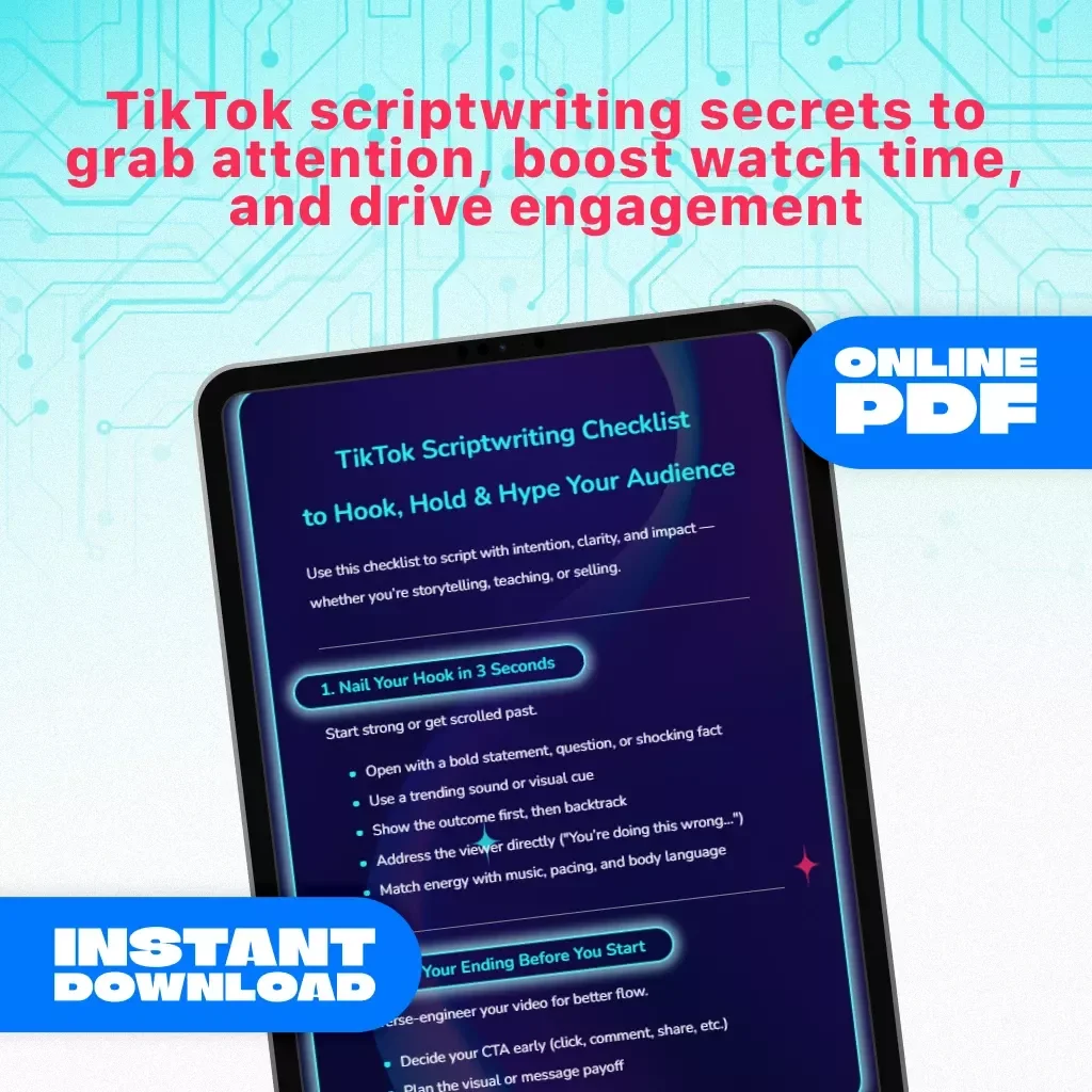 TikTok Scriptwriting Checklist to Hook, Hold & Hype Your Audience | Digital Download for Creators | Scriptwriting Tips for Engaging TikTok Videos | eBook, Guide & Cheatsheet
