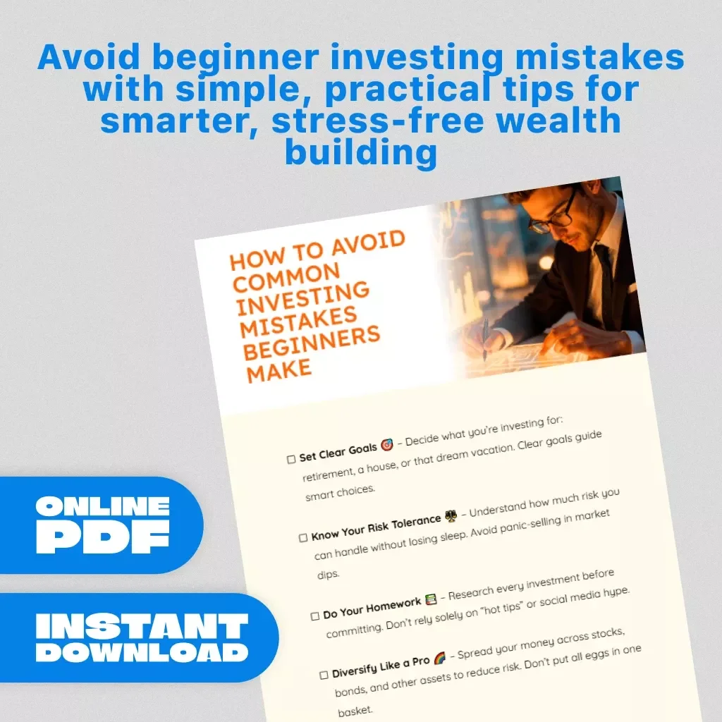 How to Avoid Common Investing Mistakes Beginners Make | Digital Download Checklist for Beginner Investors, Personal Finance Guide, Investment Planning eBook