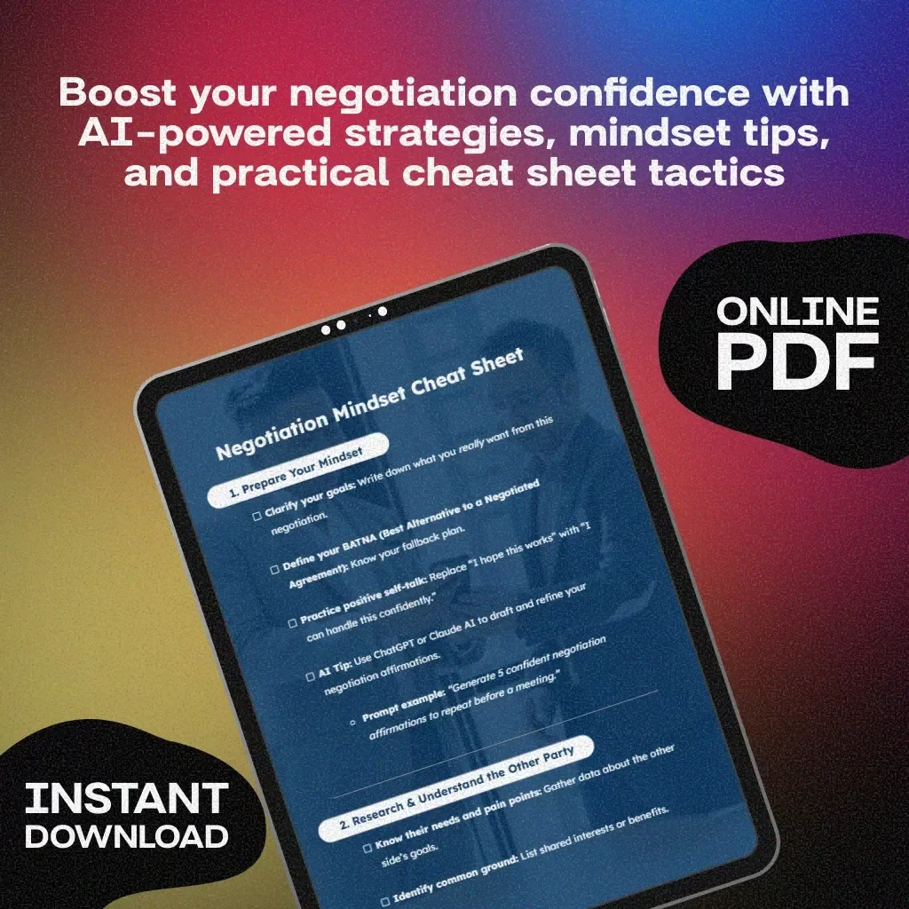 Negotiation Mindset Cheat Sheet | Digital Download Checklist | eBook for Business, Entrepreneurs, Students & Professionals | Negotiation Skills, Strategy & Confidence Guide