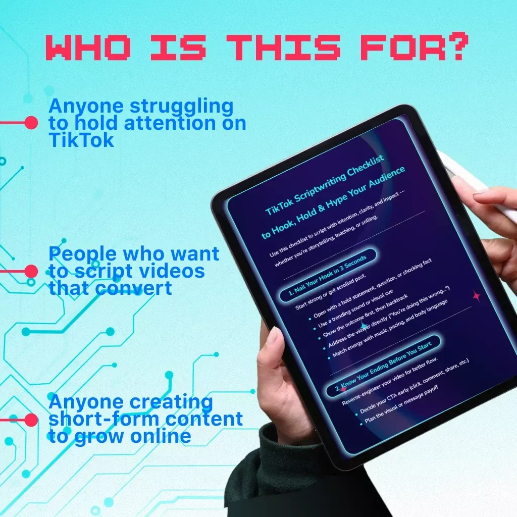 TikTok Scriptwriting Checklist to Hook, Hold & Hype Your Audience | Digital Download for Creators | Scriptwriting Tips for Engaging TikTok Videos | eBook, Guide & Cheatsheet