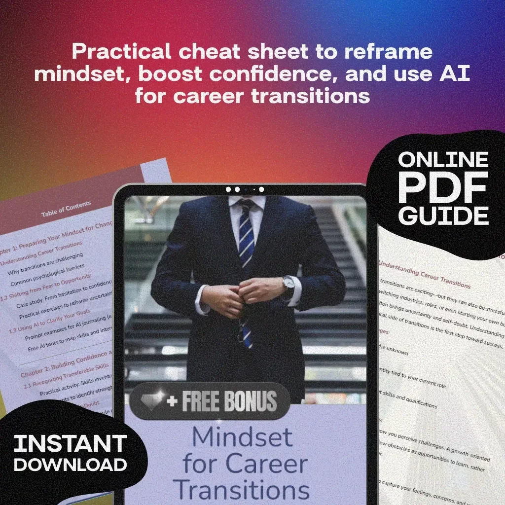 Mindset for Career Transitions Cheat Sheet | Career Change Guide, Confidence & Resilience eBook, AI-Powered Career Planning Digital Download