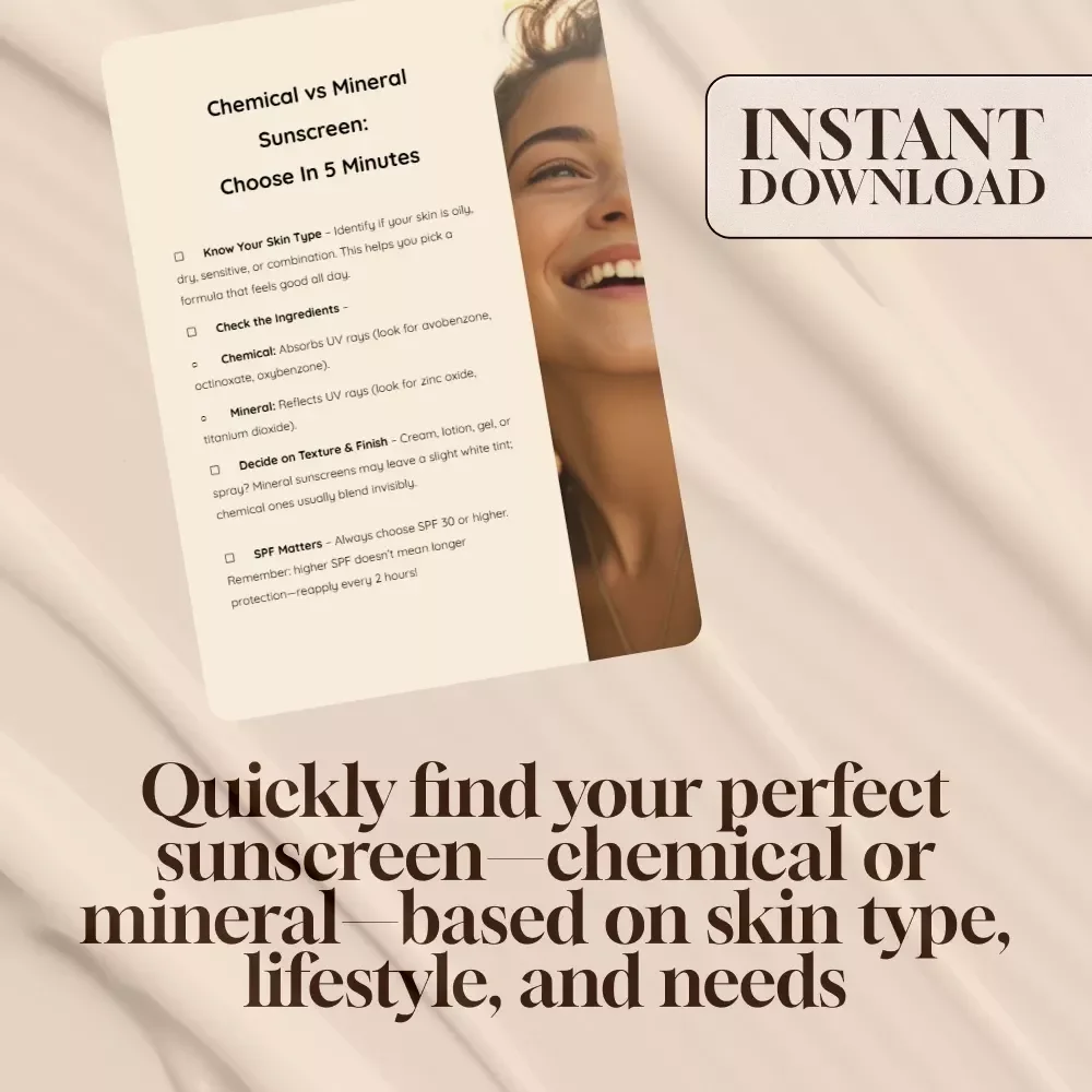 Chemical vs Mineral Sunscreen: Choose In 5 Minutes Checklist | Skincare Guide, Sun Protection eBook, SPF Digital Download