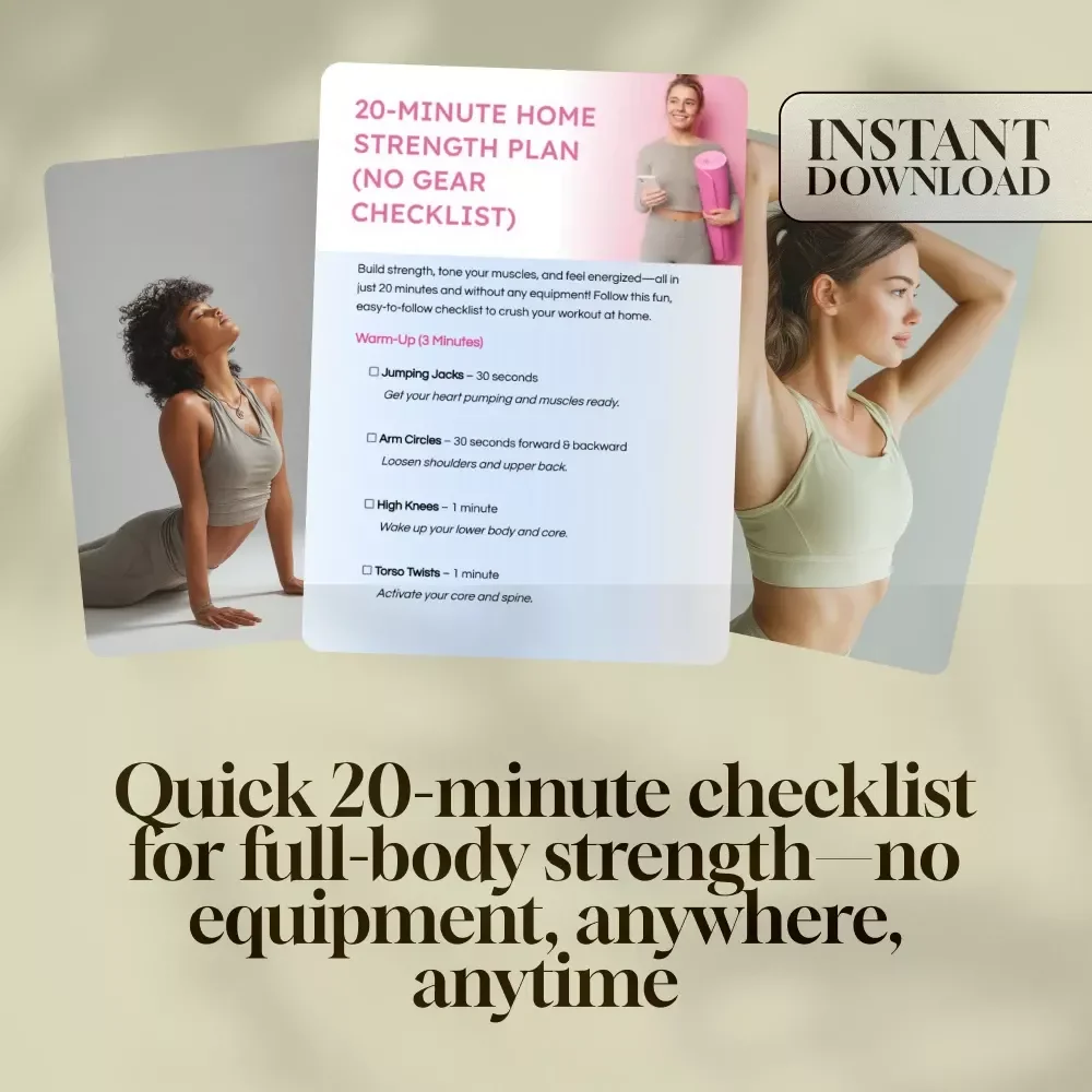 20-Minute Home Strength Plan (No Gear Checklist) | Digital Download Fitness Guide, At-Home Workout, Bodyweight Exercise Routine