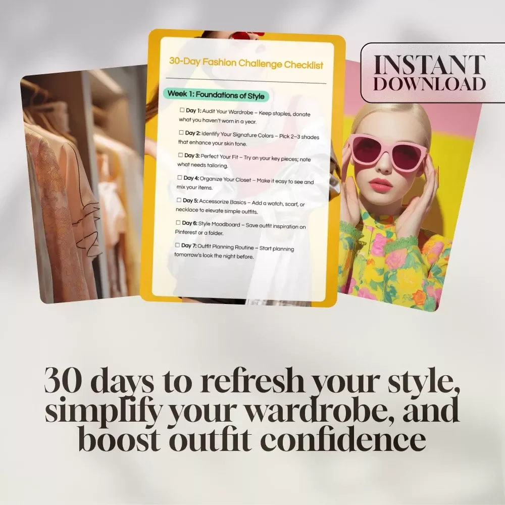 30-Day Fashion Challenge Checklist | Digital Download Wardrobe Guide, eBook & Printable Style Planner for Women’s Closet Organization & Outfit Inspiration