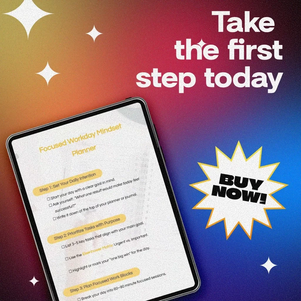 Focused Workday Mindset Planner | Productivity Checklist, Digital Download, Daily Intention Setting, Task Prioritization, AI Productivity Partner
