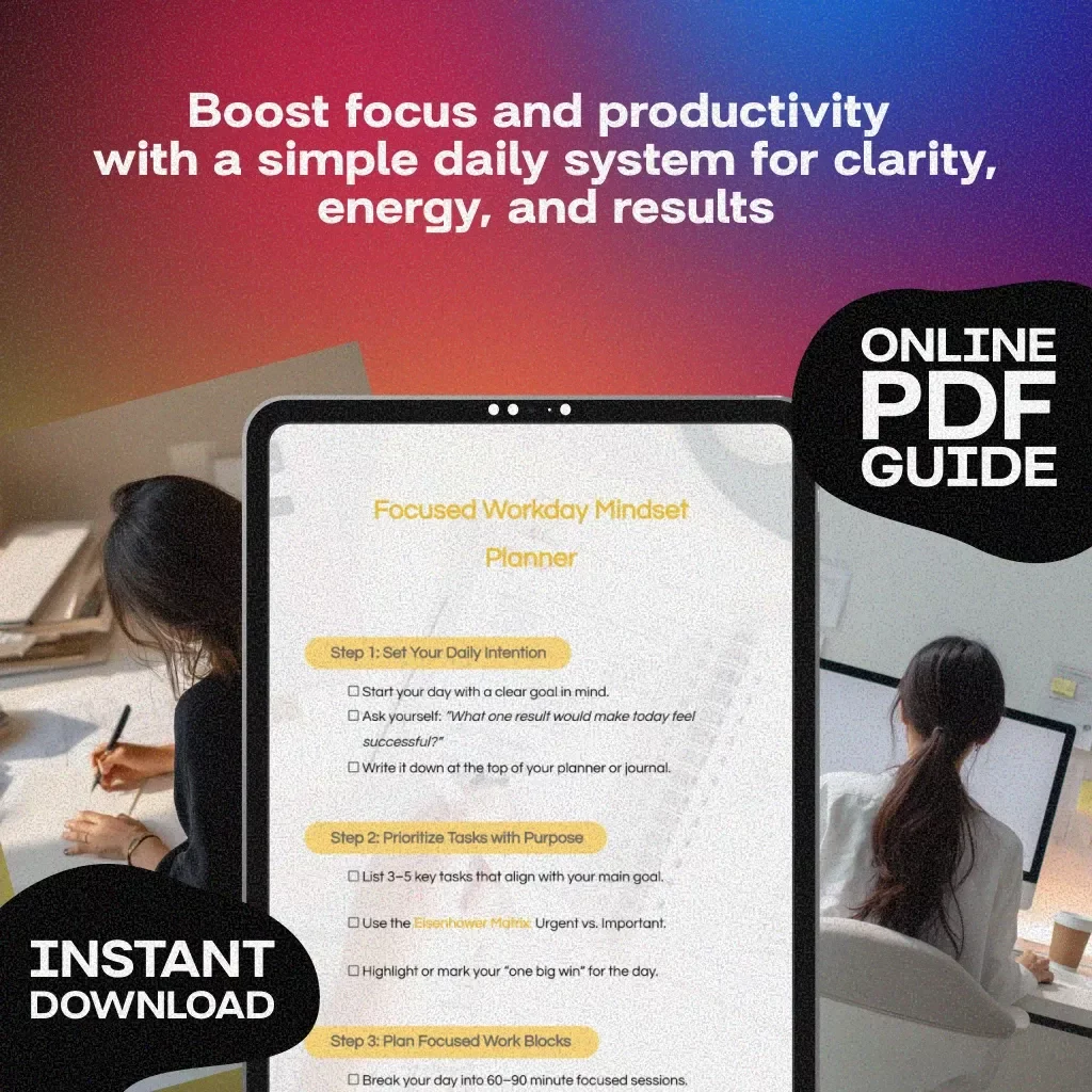 Focused Workday Mindset Planner | Productivity Checklist, Digital Download, Daily Intention Setting, Task Prioritization, AI Productivity Partner