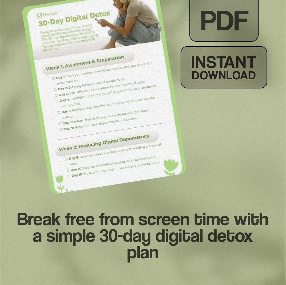 30-Day Digital Detox Checklist | Printable Self-Care eBook, Screen Time Reset, Mindful Living Digital Download
