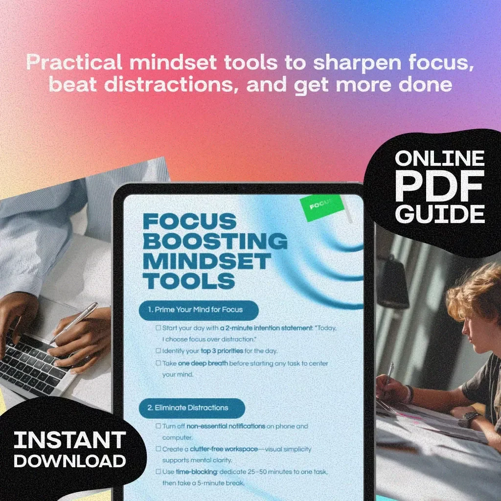 Focus Boosting Mindset Tools Checklist | Productivity, Time Management, Digital Download, eBook for Concentration & Motivation
