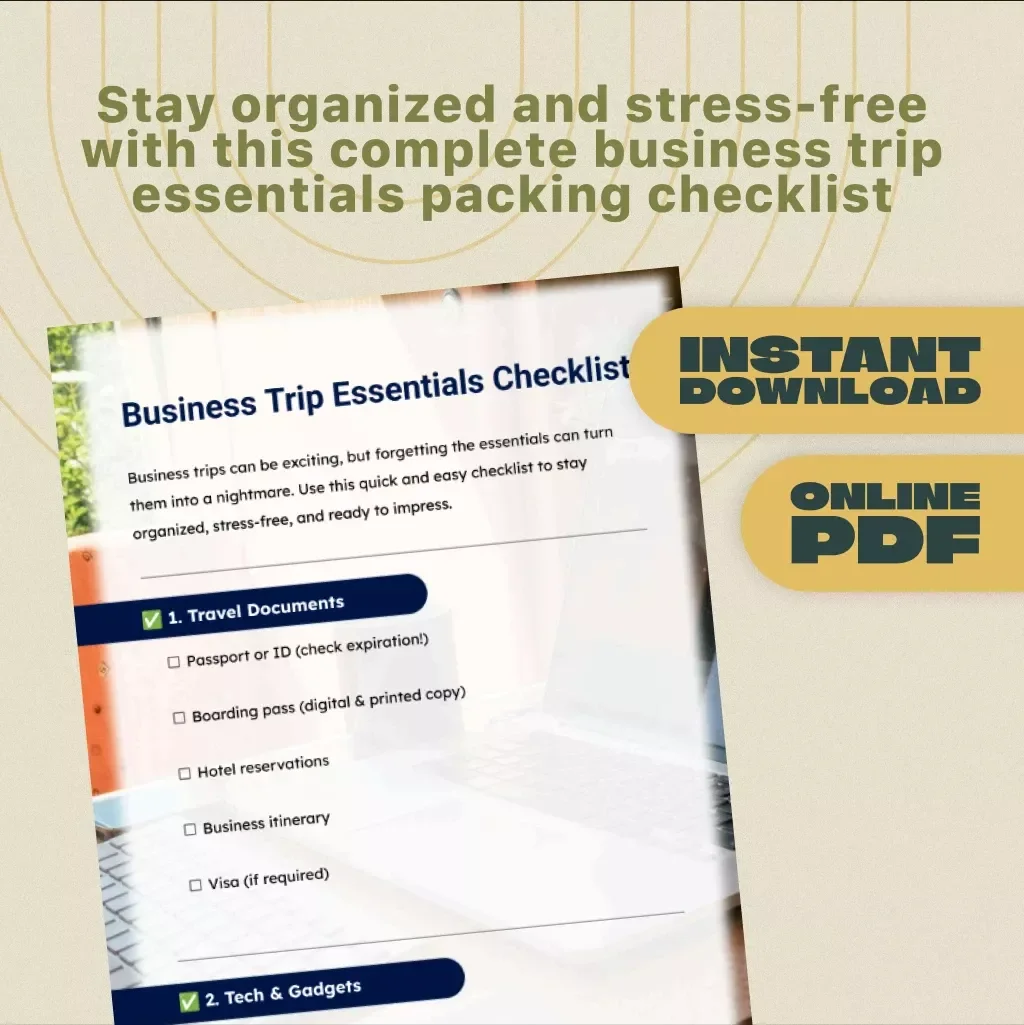 Business Trip Essentials Checklist | Printable & Digital Travel Packing List for Professionals | Business Travel Planner & Organizer PDF