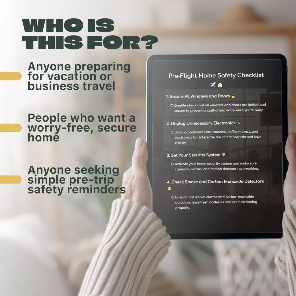 Pre-Flight Home Safety Checklist | Travel Safety Printable | Digital Download eBook Guide for Travelers, Vacation Prep, and Home Security | KEYWORDS