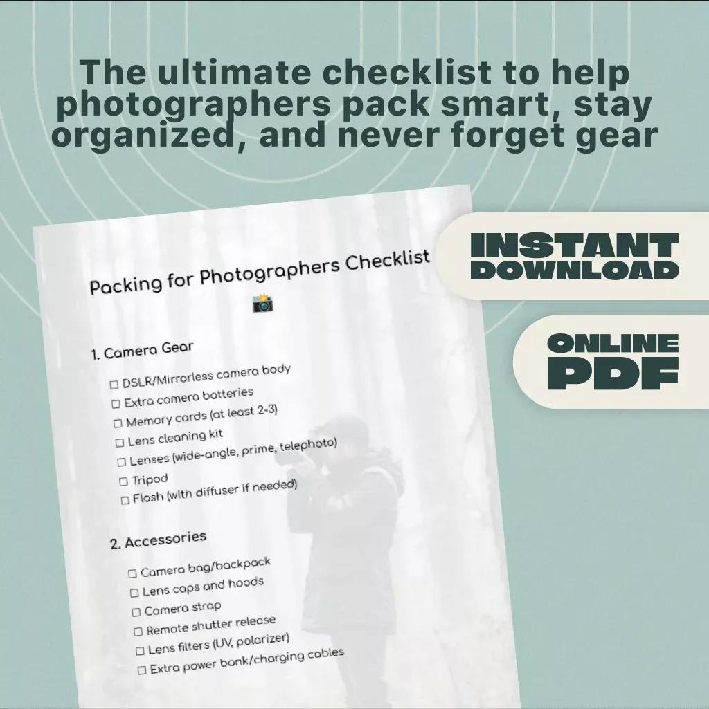 Packing for Photographers Checklist | Travel Photography Gear Guide | Digital Download PDF for Camera Equipment & Accessories