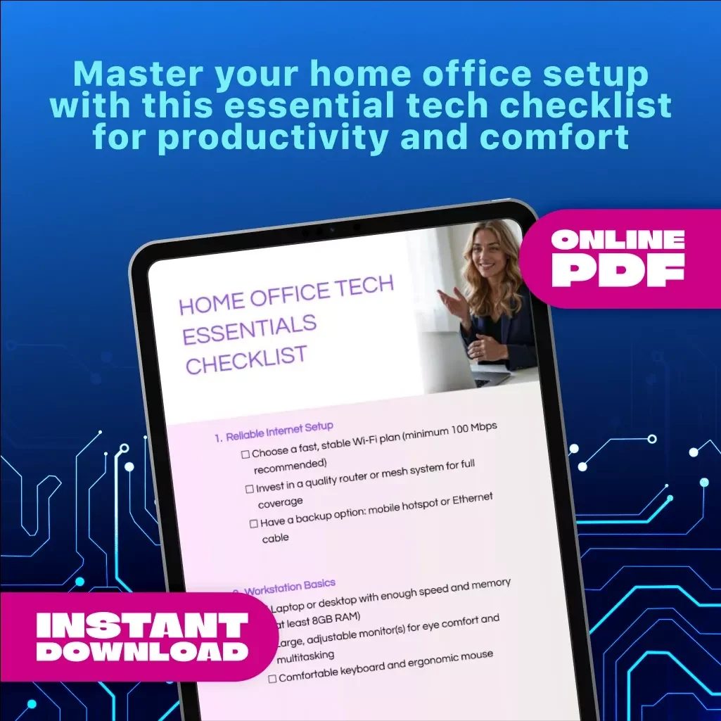 Home Office Tech Essentials Checklist | Digital Download Productivity Guide, Remote Work eBook, Work From Home Organization & Efficiency Tools