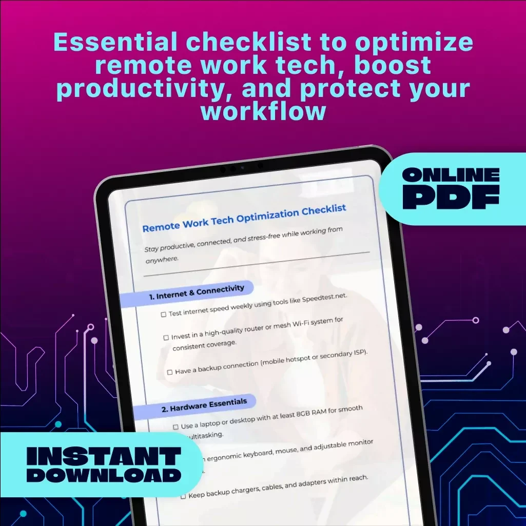 Remote Work Tech Optimization Checklist | Work From Home Productivity | Digital Download eBook Guide for Remote Workers