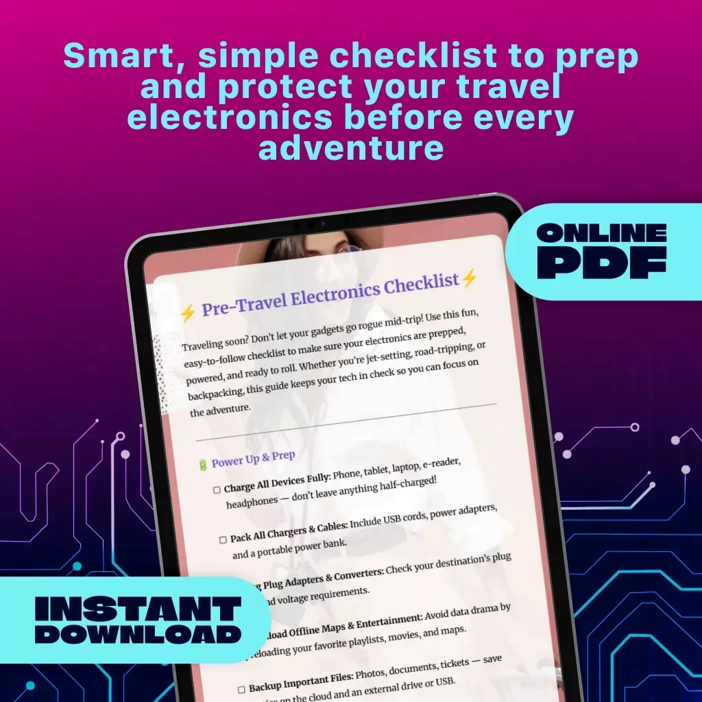 Pre-Travel Electronics Checklist | Digital Download Packing Guide for Travelers, eBook, Printable Travel Tech Organizer, Vacation Preparation List