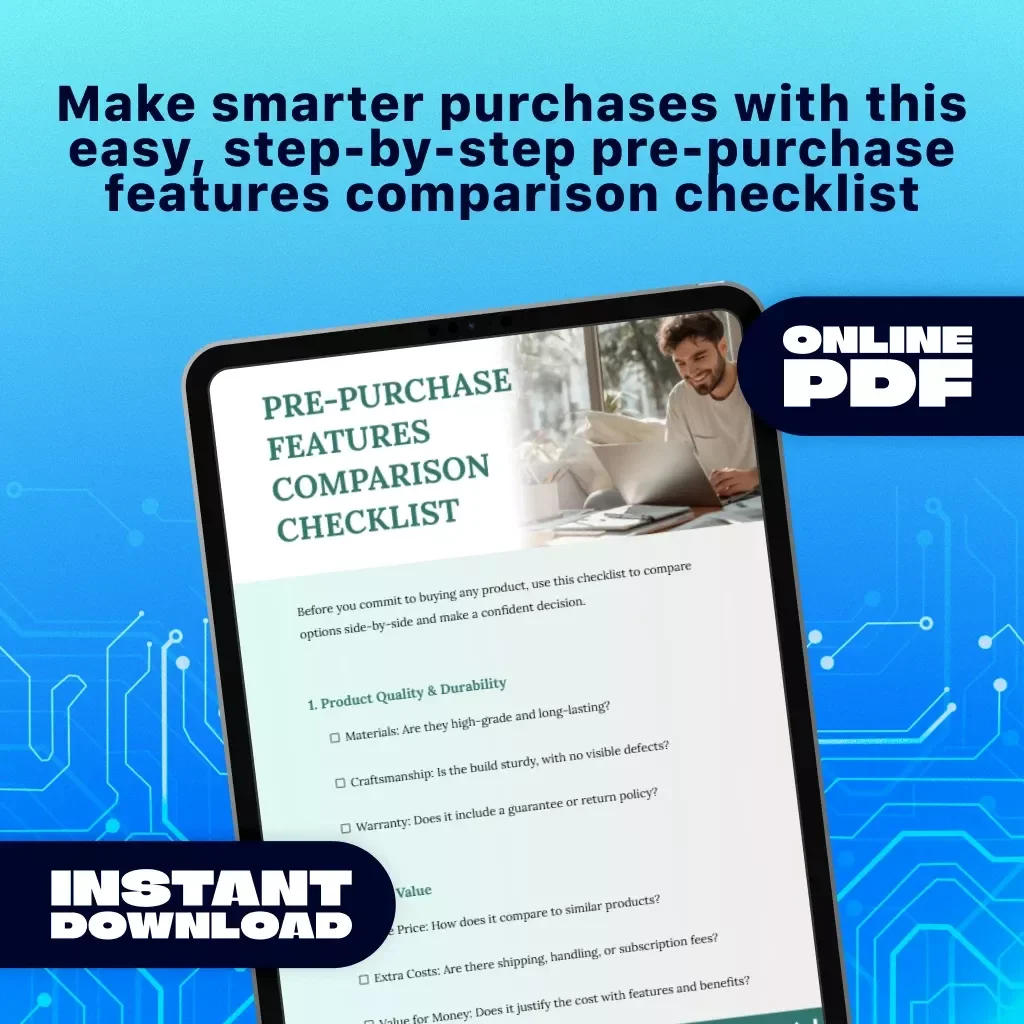 Pre-Purchase Features Comparison Checklist | Digital Download eBook Guide | Product Quality, Price & Value, Features, Reviews, Brand Reputation | KEYWORDS