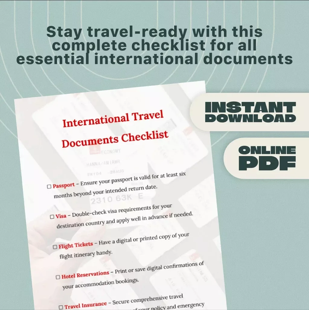 International Travel Documents Checklist – Printable & Digital PDF, Essential Travel Guide for Passports, Visas, Flights & More